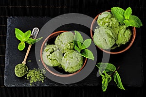 Green tea matcha mint ice cream with coconut milk.