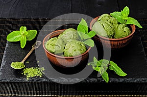 Green tea matcha mint ice cream with coconut milk.