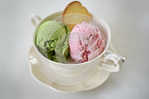 Green tea and Matcha with strawberry icecream as ice cream dessert background