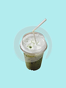 Green tea milk isolated on blue background