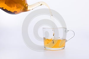 Green tea pouring into glass cup Isolated on white