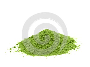 Green tea powder heap isolated on white background