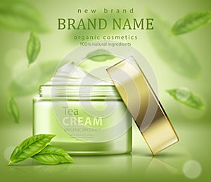 Green tea skin care banner ads with flying leaves
