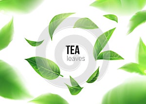Green tea. Tea leaves whirl in the air. Element for design, advertising, packaging of tea products white background 3d