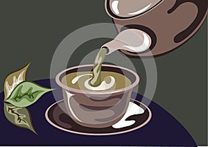 Green tea with teapot and tea leafs