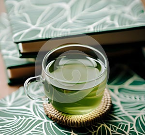 Green tea on top of books with a green pattern of leaves