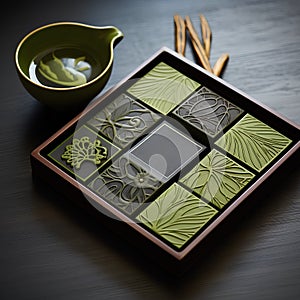 Green tea in a wooden box on a black background. Tea ceremony.