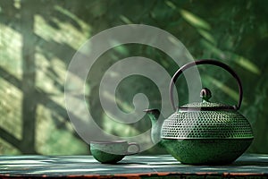 Green teapot and cup on a table with copy space