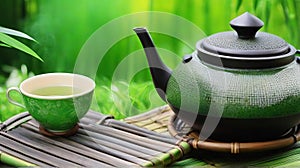 Green Teapot Serenity on Bamboo Mat: A Perfect Harmony for Your Tea Ritual.