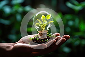 Green technology concept: a hand holds a light bulb with a plant inside for a better Earth