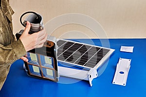 Green technology for outdoor lighting, LED light with solar panel for use in private home, parts of device for DIY