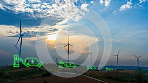 Green technology, Renewable, sustainable energy. EV car with electric vihicle charging station. Wind turbine farm. Sustainable