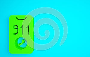 Green Telephone with emergency call 911 icon isolated on blue background. Police, ambulance, fire department, call