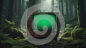 a green television set with forest on the other side of it