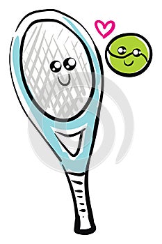 Clipart of the tennis ball and racket in love viewed from the front, vector or color illustration