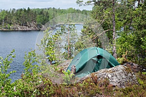 Green tent in forest, camping. Tourism, lifestyle, activity. Nature