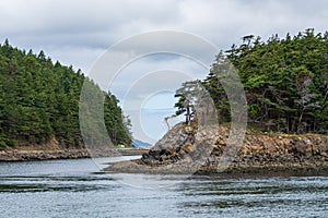 Green tent on an island beach in the San Juan Islands, rocky shores, tree covered islands, Salish Sea, cloud cover, Pacific Northw