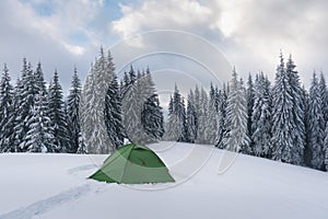 Green tent in winter mountains