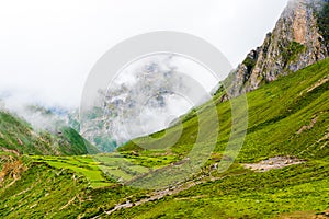 Green terraced fields and traditional architecture