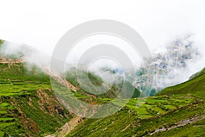 Green terraced fields and traditional architecture