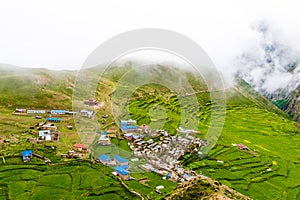 Green terraced fields and traditional architecture in the ancient Tibetan Nar village