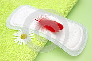 Green terry bath towel, red feather, chamomile flower on menstrual woman pad for blood period hygiene. Woman critical days, gyneco