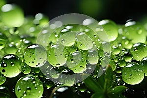 Green texture with round drops of liquid, drops of water and glycerin. photo