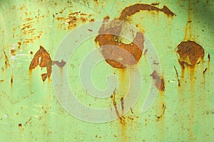 Green texture with rust. Close up. Rusty surface of green metal plate. texture backdrop