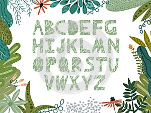 Green textured floral alphabet font uppercase letters with flowers leaves and isolated on white background. Flat cartoon