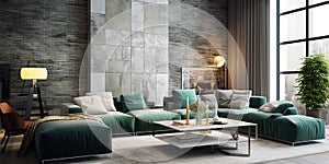 Green Themed of Luxury Modern Living Room With Nice Decoration Interior Background