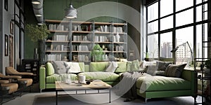 Green Themed of Luxury Modern Living Room With Nice Decoration Interior Background