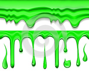 Green thick slime set isolated on white background. Horizontal seamless repetitive Goo spooky dripping liquid. Drops and splashes