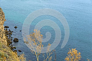 Green Thracian cliffs, Cape Kaliakra, Black sea water, bulgarian coastline