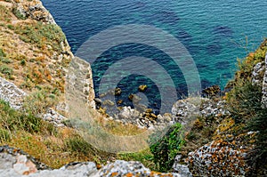Green Thracian cliffs, Cape Kaliakra, Black sea water, bulgarian coastline