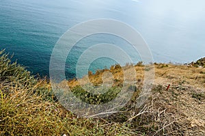 Green Thracian cliffs, Kaliakra Lighthouse, Black sea water, bulgarian coastline