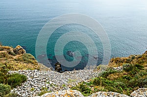 Green Thracian cliffs, Kaliakra Lighthouse, Black sea water, bulgarian coastline