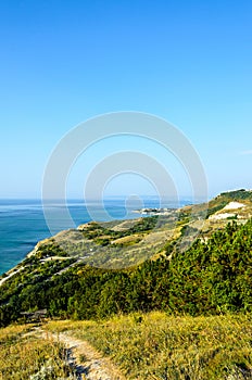 Green Thracian cliffs near blue clear water of Black Sea, bulgar