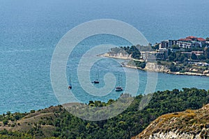 Green Thracian cliffs near blue clear water of Black Sea, golf b