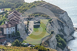 Green Thracian cliffs near blue clear water of Black Sea, rocky