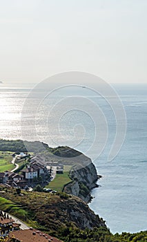 Green Thracian cliffs near blue clear water of Black Sea, rocky