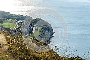 Green Thracian cliffs near blue clear water of Black Sea, rocky