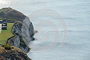 Green Thracian cliffs near blue clear water of Black Sea, rocky