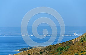 Green Thracian cliffs near blue clear water of Black Sea, view t