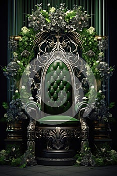 Green throne decorated with flowers. Decorated throne.