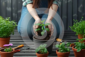 Green thumb Woman transplants, surrounded by gardening tools and flower pots