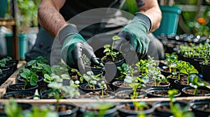 Green-Thumbed Duo: Guy Gardener and Girl Pruning Plants in Sunny Nursery Garden with Seedlings in White Wooden Box