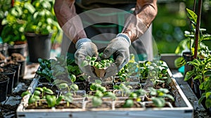 Green-Thumbed Duo: Guy Gardener and Girl Pruning Plants in Sunny Nursery Garden with Seedlings in White Wooden Box