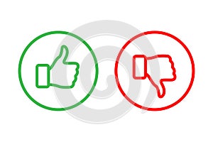 Green Thumbs up and red Thumbs down line icons inside rings isolated on white background. Vector design elements.