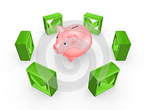 Green tick marks around pink piggy bank.