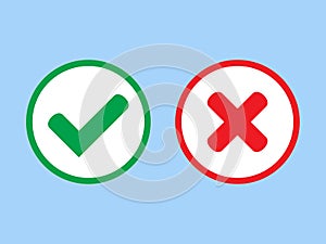 Green tick and red cross checkmarks in circle flat icons. Yes or no line symbol, approved or rejected icon.